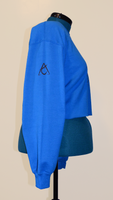 side view of turquoise sweatshirt with printed logo on the sleeve